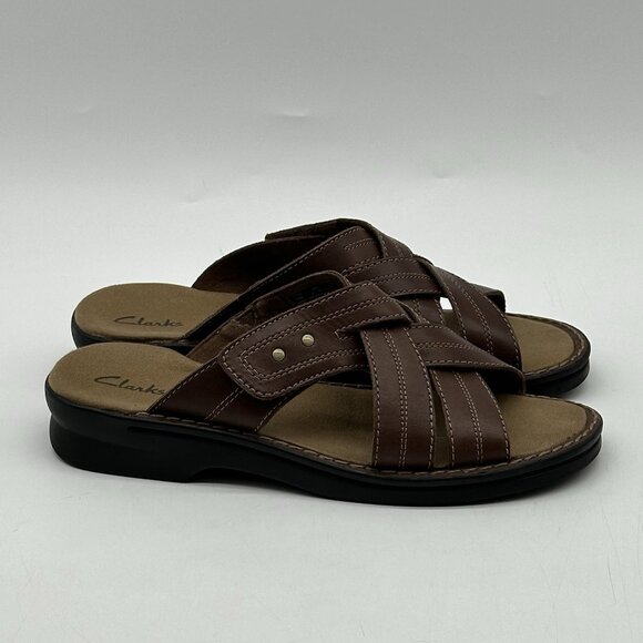 Clarks Brown Leather Woven Criss-Cross Strap Slip-On Sandals Women's Size 10M - Picture 2 of 10